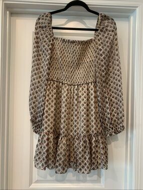 Reset Smocked Square-Neck Mini Dress in fall print side zip M NWOT